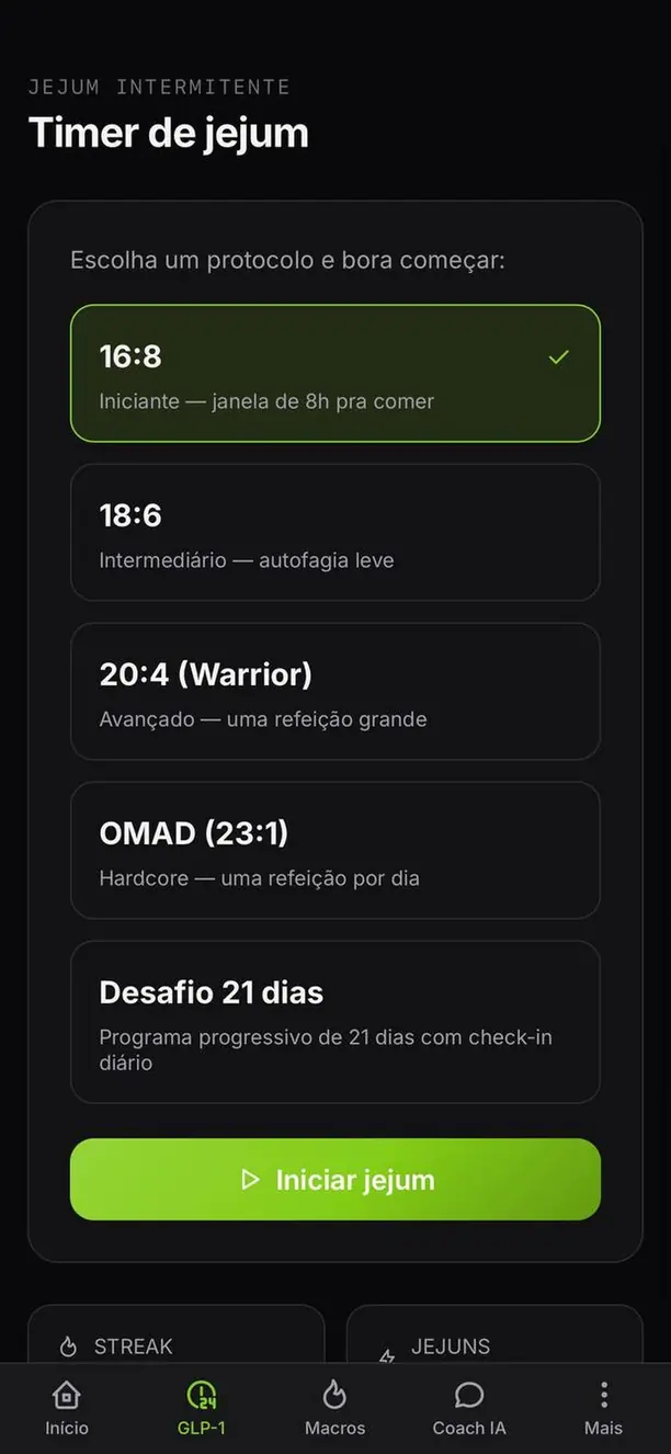 Tela de escolha de protocolo de jejum intermitente no Kallo: 16:8, 18:6, 20:4 e OMAD.